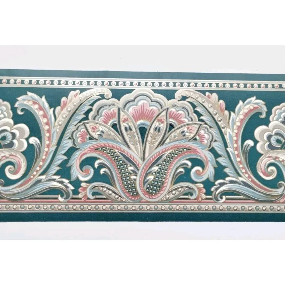 Foremost Pre-pasted Decorative Border - 5yds - Green Rose Blue Gold - 4.13